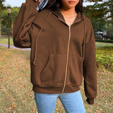 Brown Y2K Aesthetic Hoodies Women Zip Up Sweatshirt Hooded