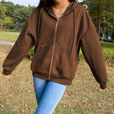 Brown Y2K Aesthetic Hoodies Women Zip Up Sweatshirt Hooded