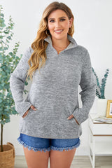 Gray Heathered Turn-down Zip Collar Plus Size Sweatshirt freeshipping - Voguevally Global