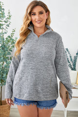 Gray Heathered Turn-down Zip Collar Plus Size Sweatshirt freeshipping - Voguevally Global