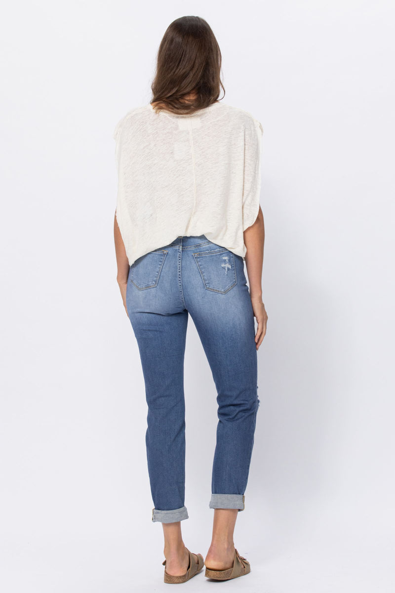 Judy Blue Mid Rise Cuffed Distressed Jeans freeshipping - Voguevally Global