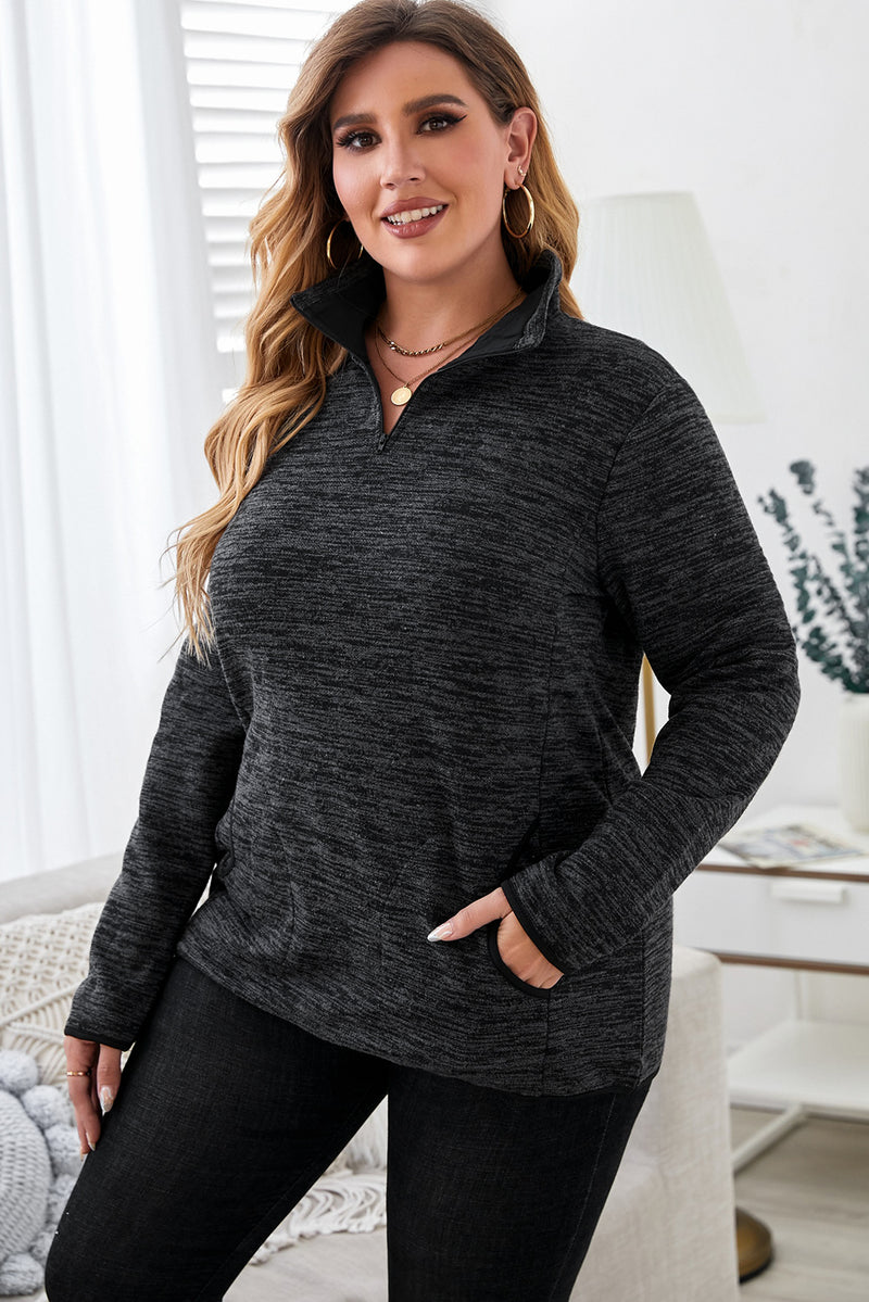 Gray Heathered Turn-down Zip Collar Plus Size Sweatshirt freeshipping - Voguevally Global