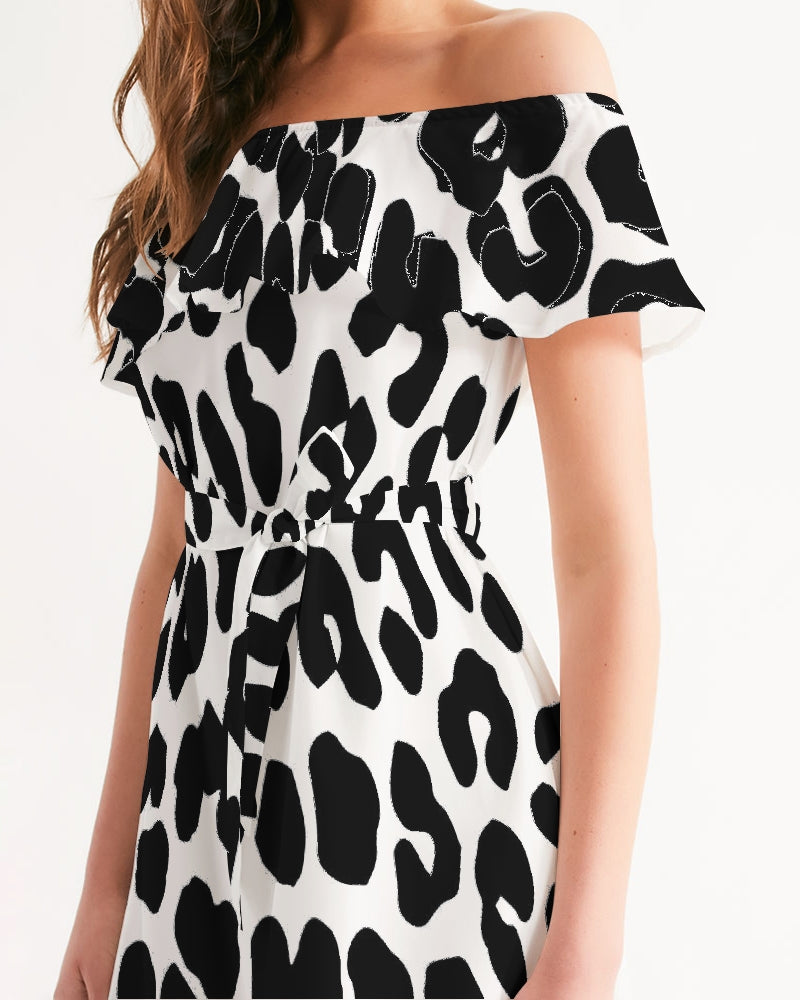 Uniquely You Women's Off-Shoulder Dress - Black/White Leopard Print - Voguevally