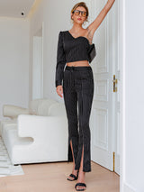 Pinstripe One-Shoulder Top and Slit Ankle Pants Set freeshipping - Voguevally Global
