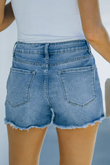 Frayed Hem Distressed Denim Shorts with Pockets - Voguevally