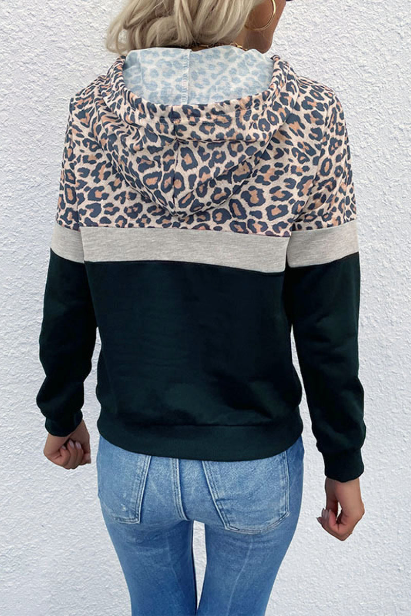 Leopard Color Block Long Sleeve Drawstring Hoodie freeshipping - Voguevally Global