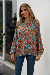 Floral Tie Neck Long Sleeve Blouse freeshipping - Voguevally Global