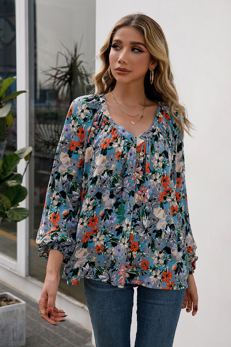 Floral Pleated Detail V-Neck Blouse freeshipping - Voguevally Global