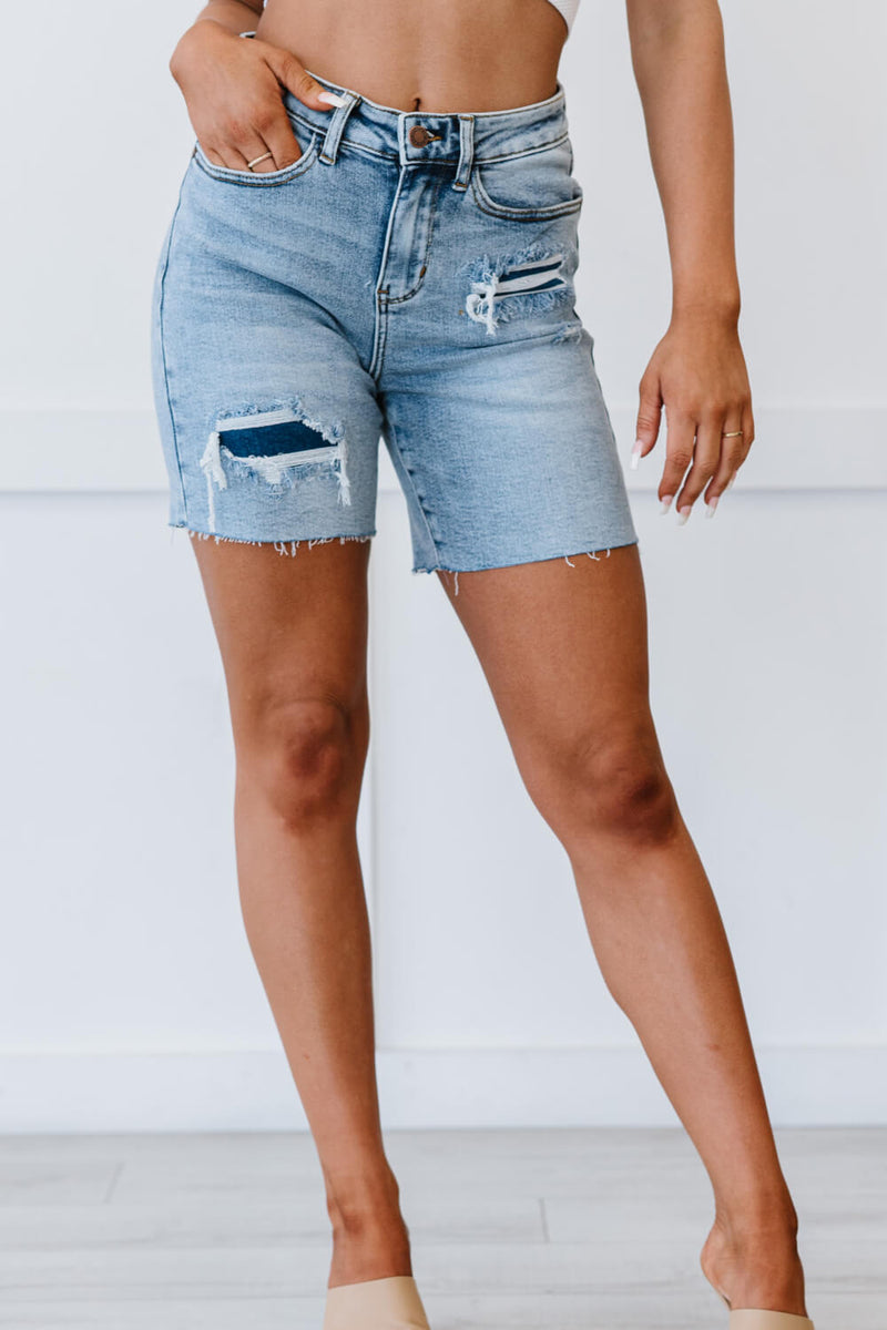 Judy Blue Hallie Full Size Mid-Length Denim Patch Shorts - Voguevally