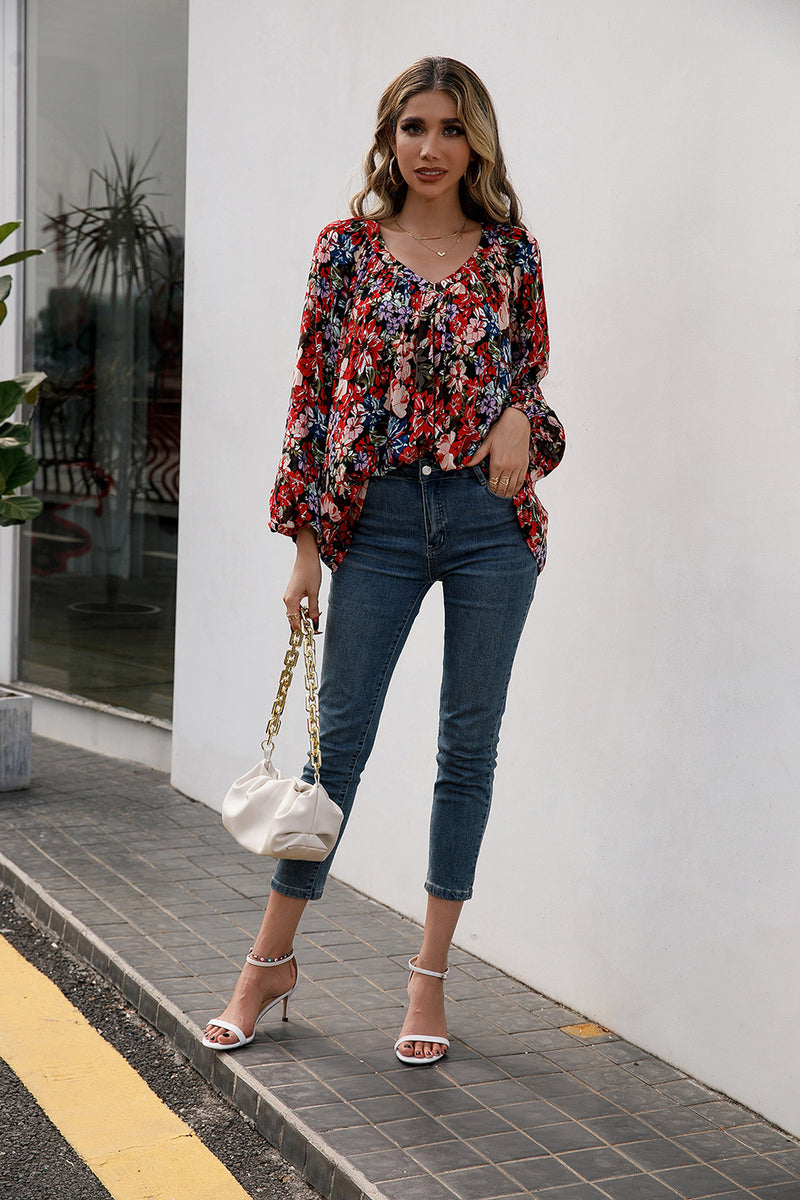 Floral Pleated Detail V-Neck Blouse freeshipping - Voguevally Global