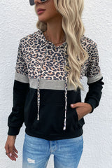 Leopard Color Block Long Sleeve Drawstring Hoodie freeshipping - Voguevally Global