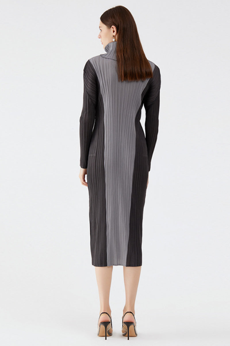 Color Block Accordion Pleated Turtleneck Dress freeshipping - Voguevally Global