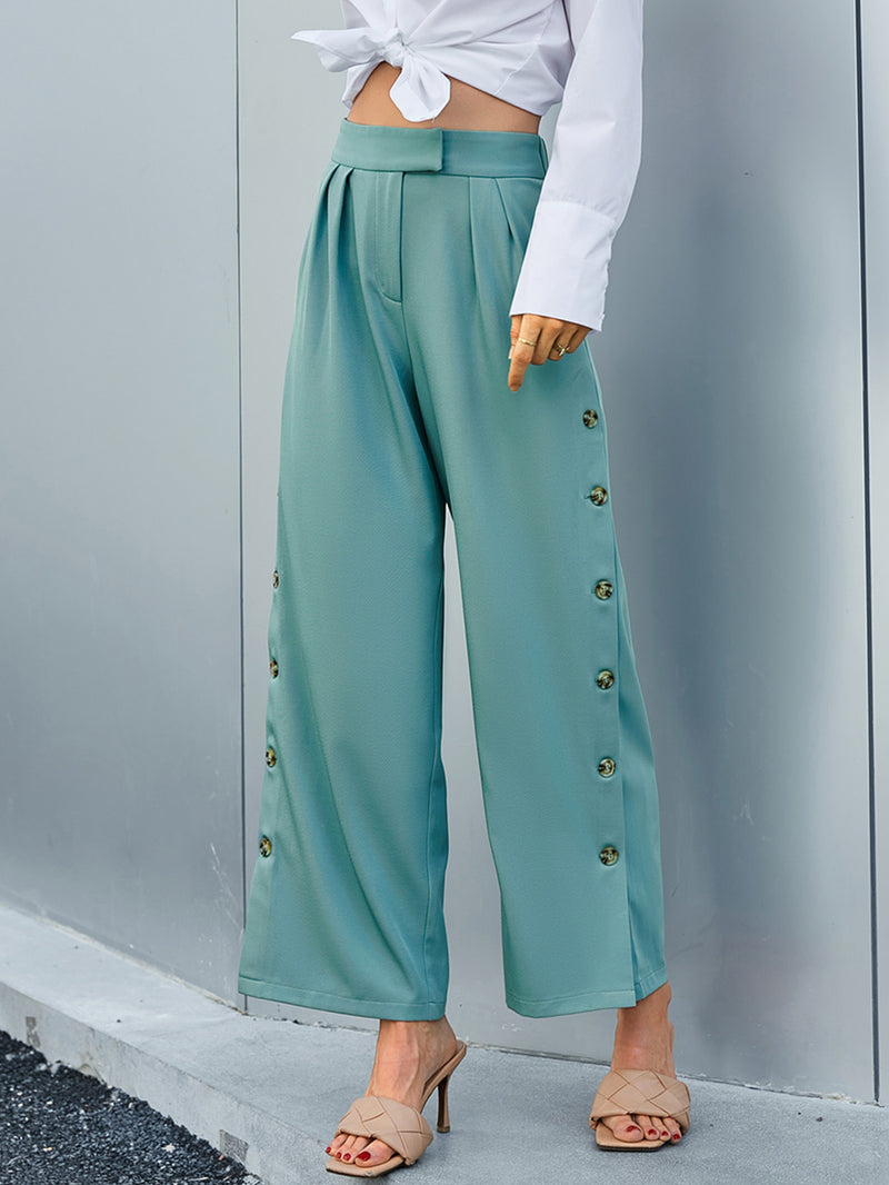 Side Button Wide Leg Pants with Pockets freeshipping - Voguevally Global