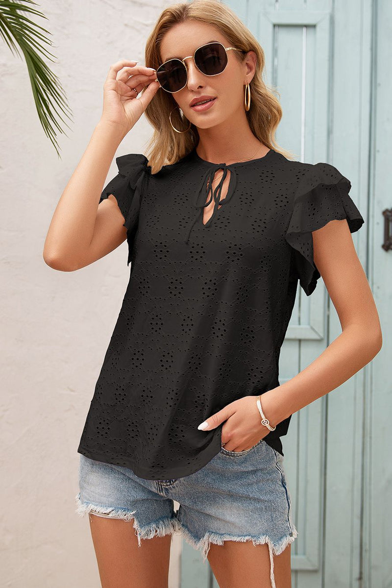 Eyelet Embroidery Tie-Neck Top freeshipping - Voguevally Global