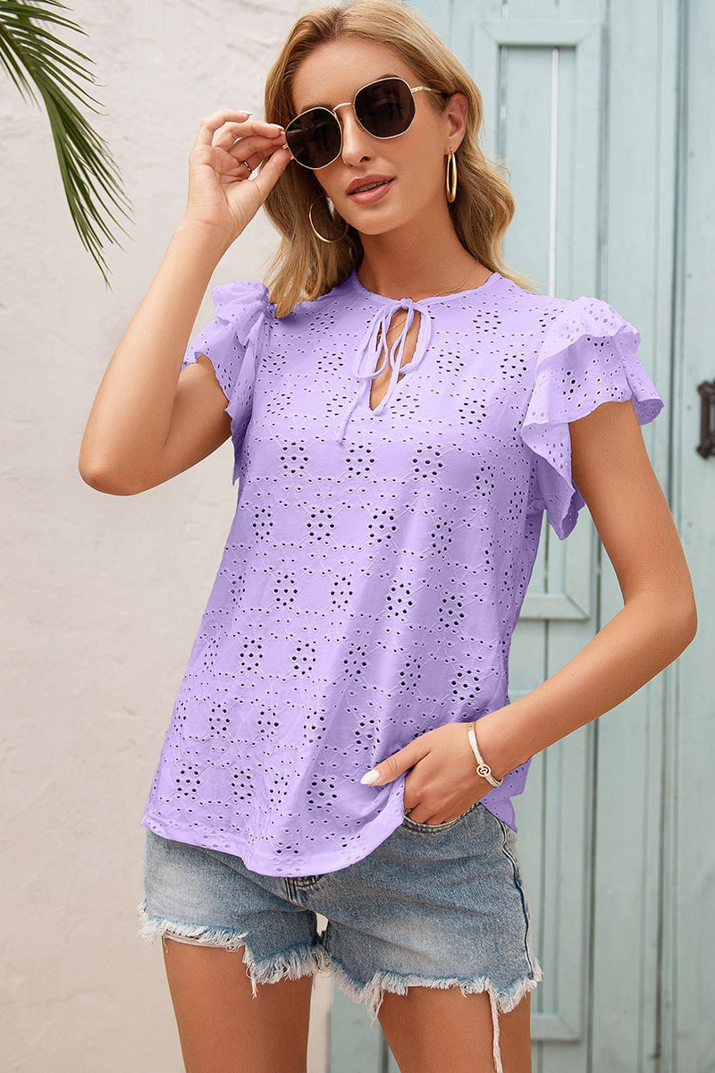 Eyelet Embroidery Tie-Neck Top freeshipping - Voguevally Global