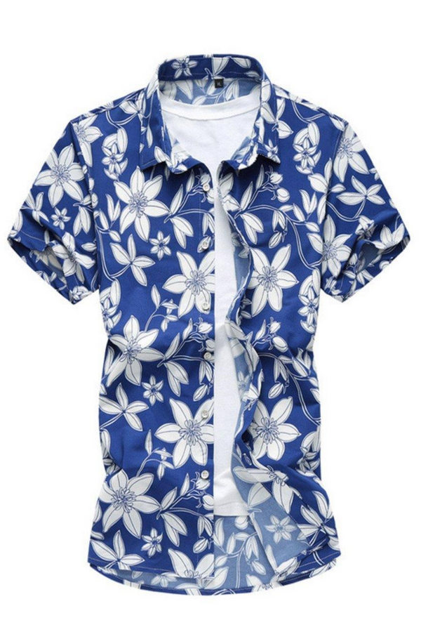 Men's Cotton Blend Short Sleeve Floral Blue Shirt
