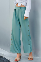 Side Button Wide Leg Pants with Pockets