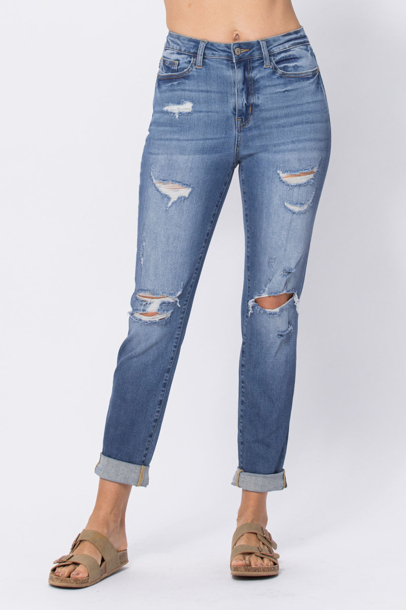 Judy Blue Mid Rise Cuffed Distressed Jeans freeshipping - Voguevally Global