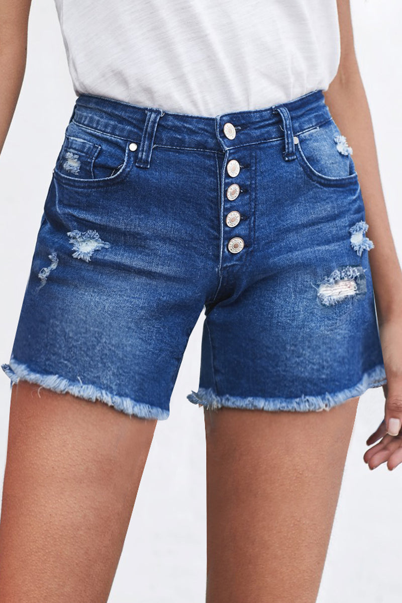 Buttoned and Frayed Denim Shorts - Voguevally