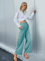 Side Button Wide Leg Pants with Pockets freeshipping - Voguevally Global
