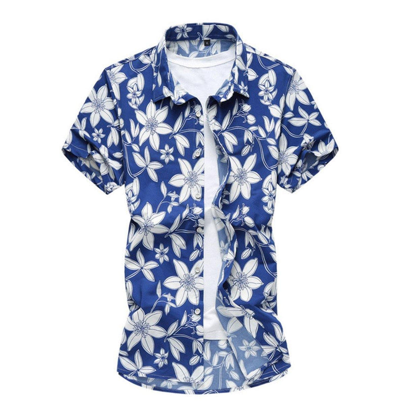 Men's Cotton Blend Short Sleeve Floral Blue Shirt freeshipping - Voguevally Global