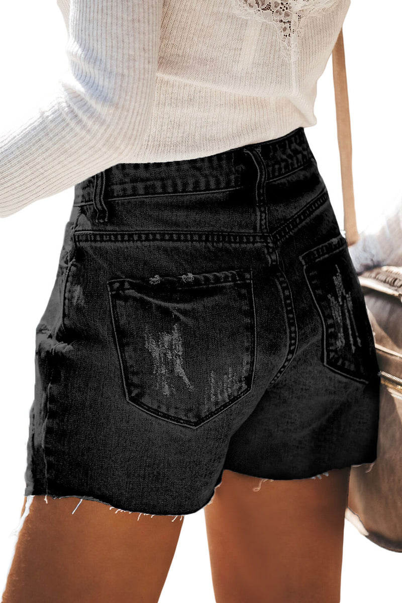 Button Fly Black Denim Shorts - Voguevally