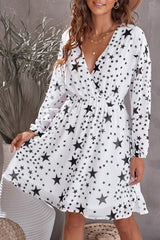 White V Neck Star Pattern Tunic Dress freeshipping - Voguevally Global