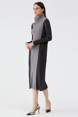 Color Block Accordion Pleated Turtleneck Dress freeshipping - Voguevally Global