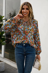 Floral Tie Neck Long Sleeve Blouse freeshipping - Voguevally Global