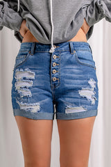 Distressed Button Fly Striped Lining Denim Shorts - Voguevally