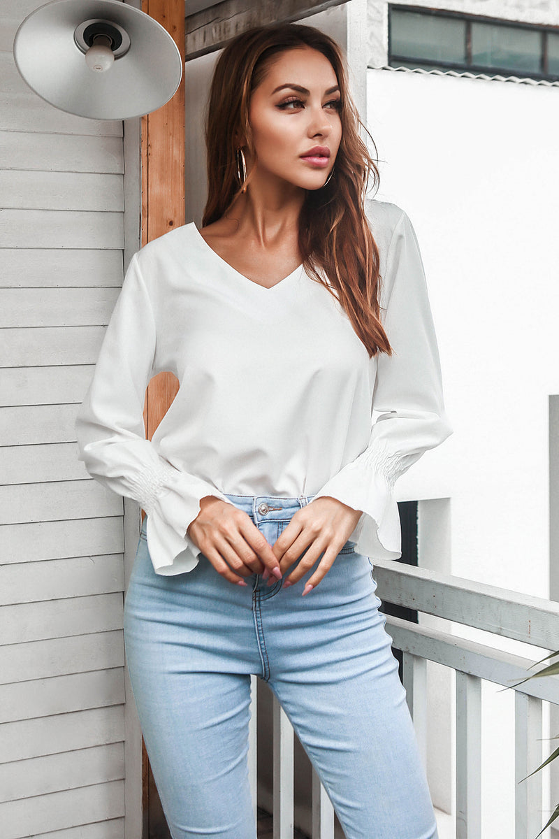 Flounce Cuff Lace Detail V-Neck Blouse freeshipping - Voguevally Global